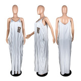 SC Plus Size Sexy Striped V Neck Pocket Slip Maxi Dress YFS-3659