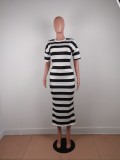 SC Casual Striped Short Sleeve Midi Dress AWF-5846