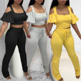 SC Sexy Ruffled Sleeve Crop Top And Pants 2 Piece Sets CQF-949