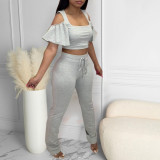SC Sexy Ruffled Sleeve Crop Top And Pants 2 Piece Sets CQF-949