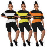 SC Fashion Sports Contrast Color Short Sleeve Shorts Two Piece Sets YNB-7155