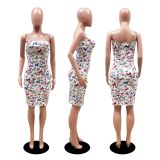 SC Butterfly Print Spaghetti Strap Bodycon Dress With Mask DDF-8031