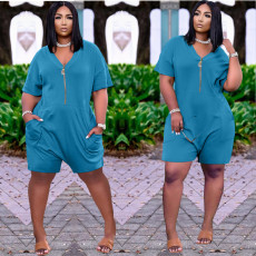 SC Casual Loose Solid V Neck Zipper Romper AL-242