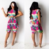 SC Tie Dye Print Short Sleeve Ruffled Shorts 2 Piece Set DDF-8015