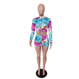 SC Tie Dye Ruched Long Sleeve Mini Skirt 2 Piece Sets BS-1260