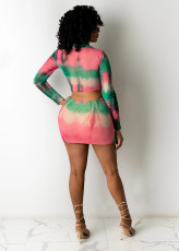 SC Tie Dye Ruched Long Sleeve Mini Skirt 2 Piece Sets BS-1260