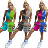 SC Color Block Fashion Casual Sports Print Vest And Shorts Suit ANNF-6068