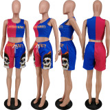 SC Color Block Fashion Casual Sports Print Vest And Shorts Suit ANNF-6068