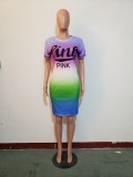 SC Pink Letter Print Gradient Short Sleeve Dress JH-220