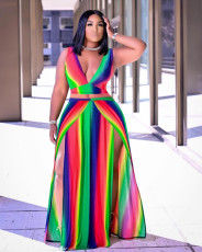 SC Sexy Rainbow Print V-neck Top And Skirt Two Piece Sets MUL-165