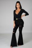 Denim High Waist Ripped Hole Flared Jeans LA-3262