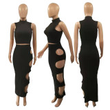 SC Solid Sleeveless Hole Long Skirt Two Piece Sets QY-5240