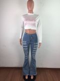 Denim High Waist Ripped Hole Flared Jeans LA-3262