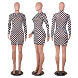 SC Sexy Mesh Plaid Print Long Sleeve Mini Dress YNB-7161