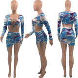 SC Sexy Printed Long Sleeve Mini Skirt Two Piece Sets QSF-5072