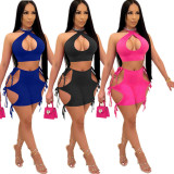 SC Sexy Hollow Out Halter Neck And Lace Up Shorts Two Piece Sets MYP-8966