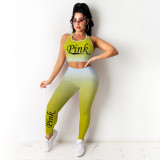 SC Casual Sports Gradient Slim PINK Letter Vest And Pants Two Piece Sets YNB-7156