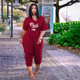 SC Pink Letter Print V Neck Casual Jumpsuit AWN-5204