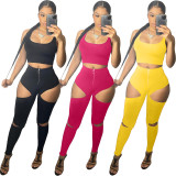 SC Fashion Sexy Solid Color Vest Hollow Out Pants Two Piece Sets MN-9296
