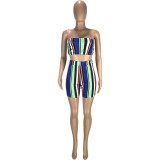 SC Fashion Casual Striped Print Slim Tube Top Shorts Two Piece Sets MEI-9167