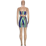 SC Fashion Casual Striped Print Slim Tube Top Shorts Two Piece Sets MEI-9167
