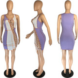 SC Fashion Sexy Contrast Color Splice Hollow Tie Up Mini Dress MN-9288