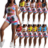 SC Casual Printed Vest Drawstring Shorts Two Piece Sets FSL-148