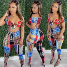 SC Plaid Print Crop Top suspender Pants 2 Piece Sets OLYF-6048