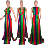 SC Rainbow Stripe V Neck High Split Sleeveless Maxi Dress DAI-8165