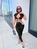 SC Sexy Solid Lace Up Short Sleeve 2 Piece Suits QZX-6198