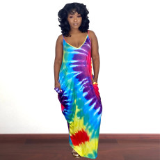 SC Tie Dye Print Sleeveless Strap Maxi Dress QZX-6197