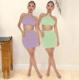 SC Sexy Solid Halter Crop Top Mini Skirt Two Piece Sets YIBF-6061