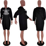 SC Plus Size Letter Print Hooded 3/4 Sleeve Knee Length Dress YIDF-1313