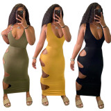 SC Solid Color Sexy Hole Low Cut Sleeveless Maxi Dress LSD-9136