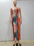 SC Tie Dye Print Backless Cross Strap Split Maxi Dress NYF-8056