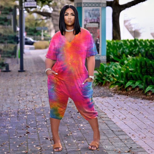 SC Plus Size Tie Dye V Neck Loose Capri Jumpsuit BDF-8067