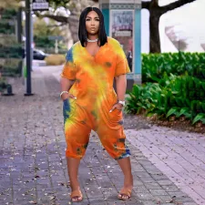 SC Plus Size Tie Dye V Neck Loose Capri Jumpsuit BDF-8067