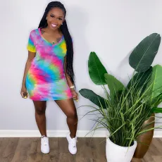 SC Tie Dye Print V Neck Short Sleeve Mini Dress BDF-8070