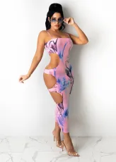 SC Sexy Printed Hole Spaghetti Strap Maxi Dress JPF-1034
