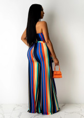 SC Colorful Striped Tube Top Sashes Wide Leg Pant Sets SXF-3111