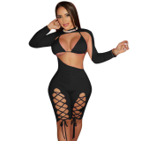 SC Sexy Lace Up Hollow Long Sleeve Rompers With Bra QSF-5059