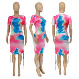 SC Tie Dye Print Short Sleeve Ruched Mini Dress WMEF-2042