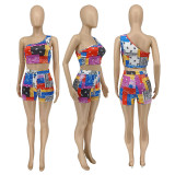 SC Sexy Printed One Shoulder Two Piece Short Sets WMEF-2039