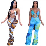 SC Sexy Printed Halter Backless Flared Jumpsuits LSL-6359