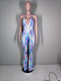 SC Sexy Printed Cross Strap Backless Deep V Jumpsuits YM-9274