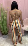 SC Colorful Striped Backless Cross Strap Flare Jumpsuit SXF-2112