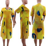 SC Plus Size Tie Dye V Neck Pocket Loose Midi Dress TK-6171