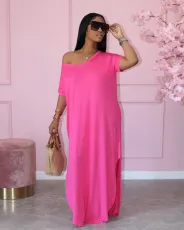 SC Solid V Neck Split Loose Maxi Dress JRF-3613
