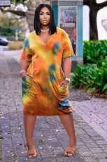 SC Plus Size Tie Dye V Neck Pocket Loose Midi Dress TK-6171