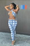 SC Plus Size Sexy Plaid Print Backless Two Piece Pant Sets YIM-179